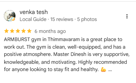 Member testimonial praising ARM Burst as the best gym near Thimmavaram